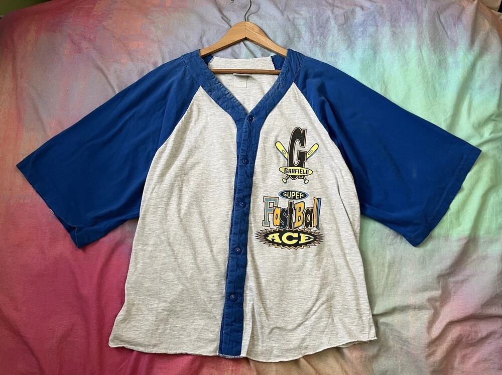 Vintage 90s Garfield Oversized Baseball Jersey T Shirt Distressed Cartoon Sz XL